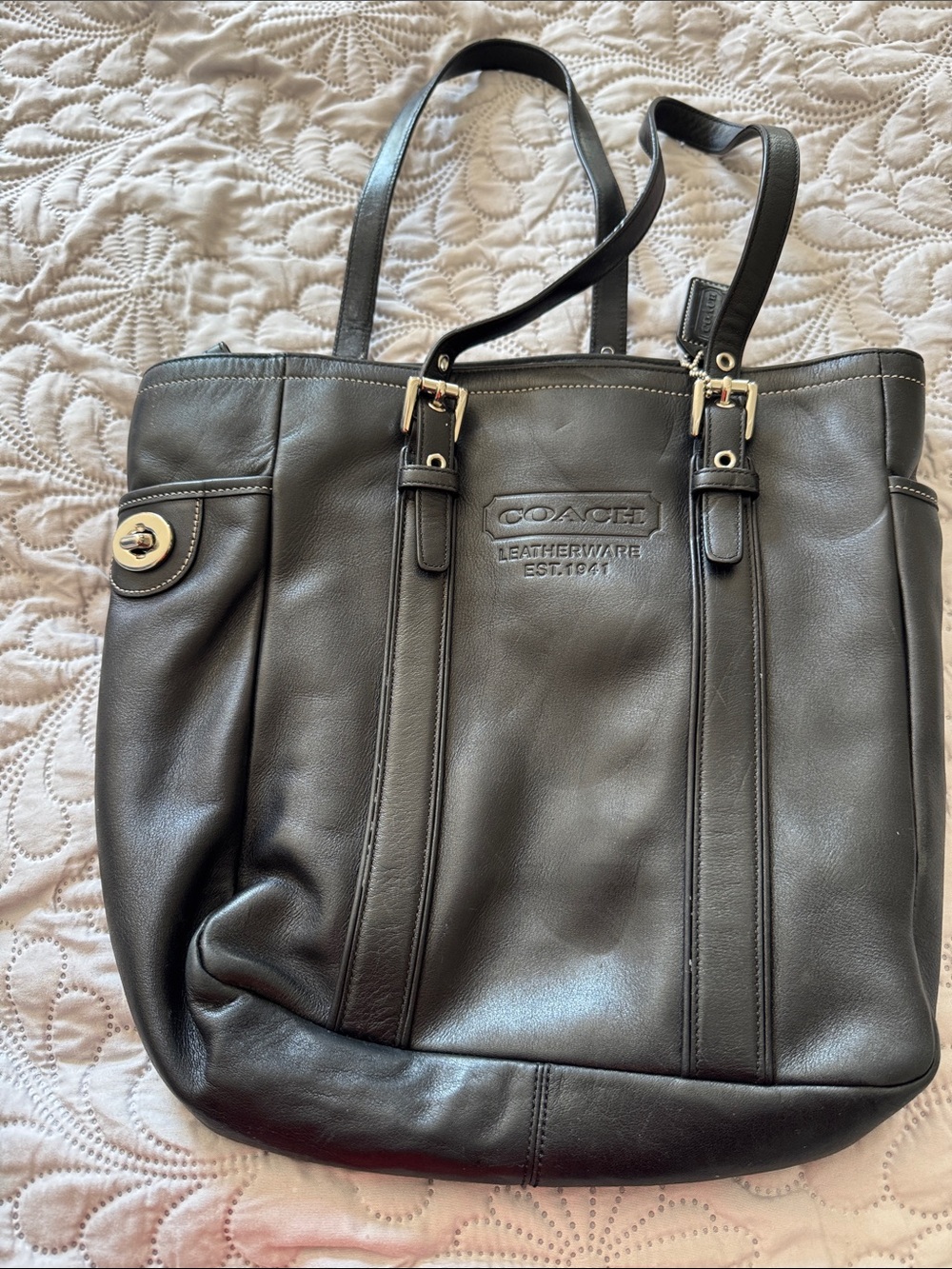 Coach Black Leather Tote with Gold-Tone Hardware